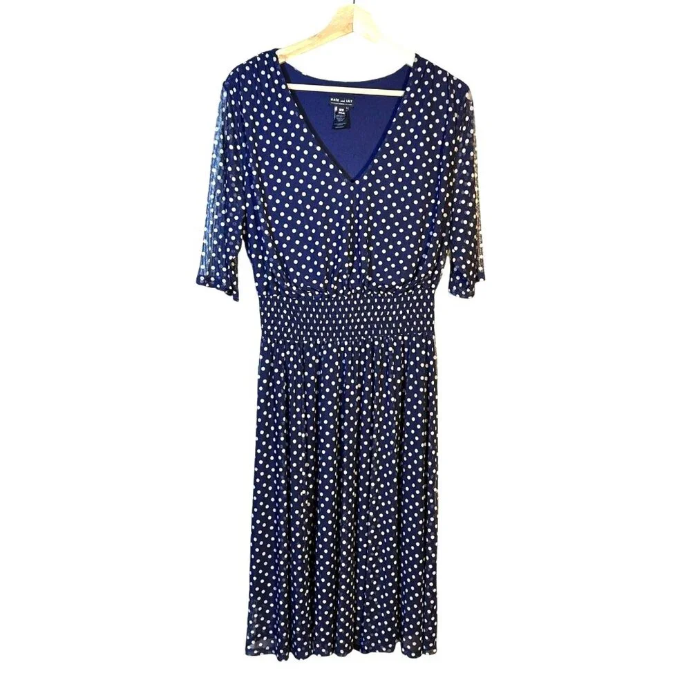 Kate & Lily Blue White Polka Dot V-Neck‎ Midi Dress Elbow-Length Sleeves Size 16